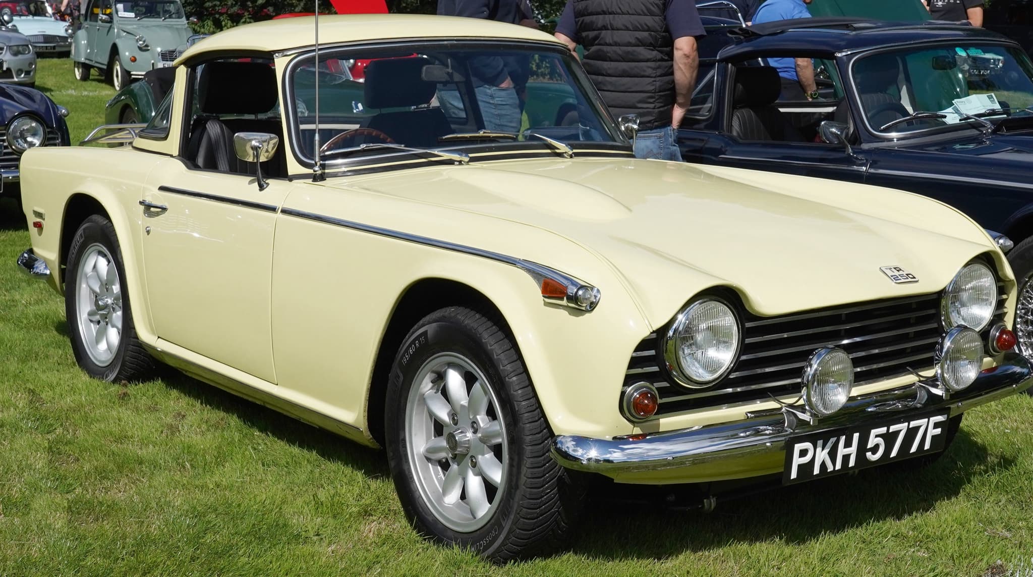 A cream sports car with a matching hardtop, alloy wheels and spot lamps, parked on grass beside a dark blue sister car. Opens a larger view
