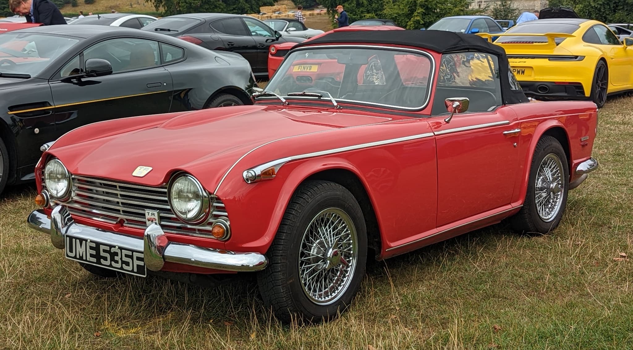 A red sports car with its black hood up and wire wheels, parked on dry grass among modern sports cars.