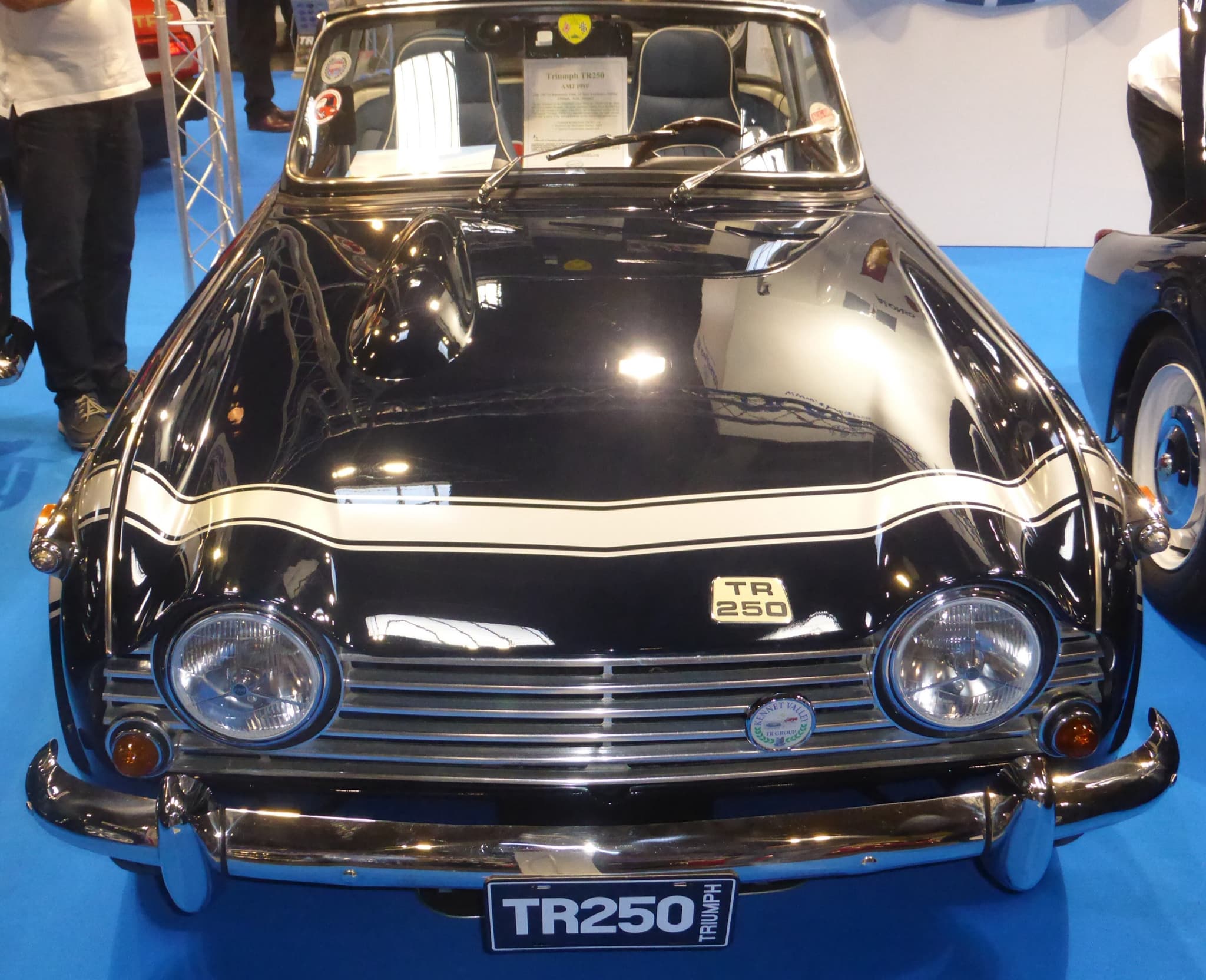 The nose of a black sports car on a show stand, a silver stripe across the bonnet above a TR 250 badge and the grille.