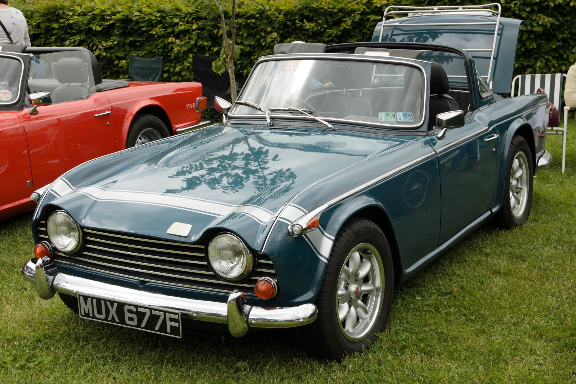 A dark teal open sports car with a white stripe across the nose, its boot open with a luggage rack, on grass at a show.